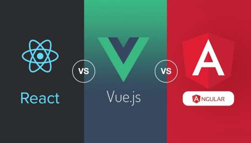 Comparativa visual de React, Vue.js y Angular mostrando los principales frameworks JavaScript para el desarrollo frontend moderno